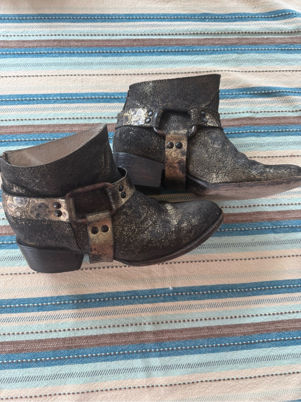 Freebird by Steven Metallic Black & Gold Ankle Harness Booties. Style Phlow